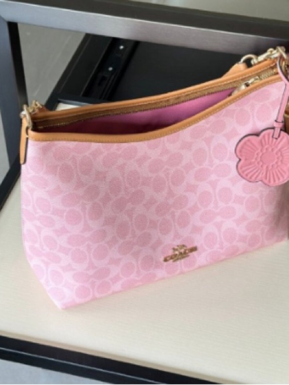 Coach Pink Signature Shoulder Bag with Tan Trim and Floral Charm - Picture 5 of 6